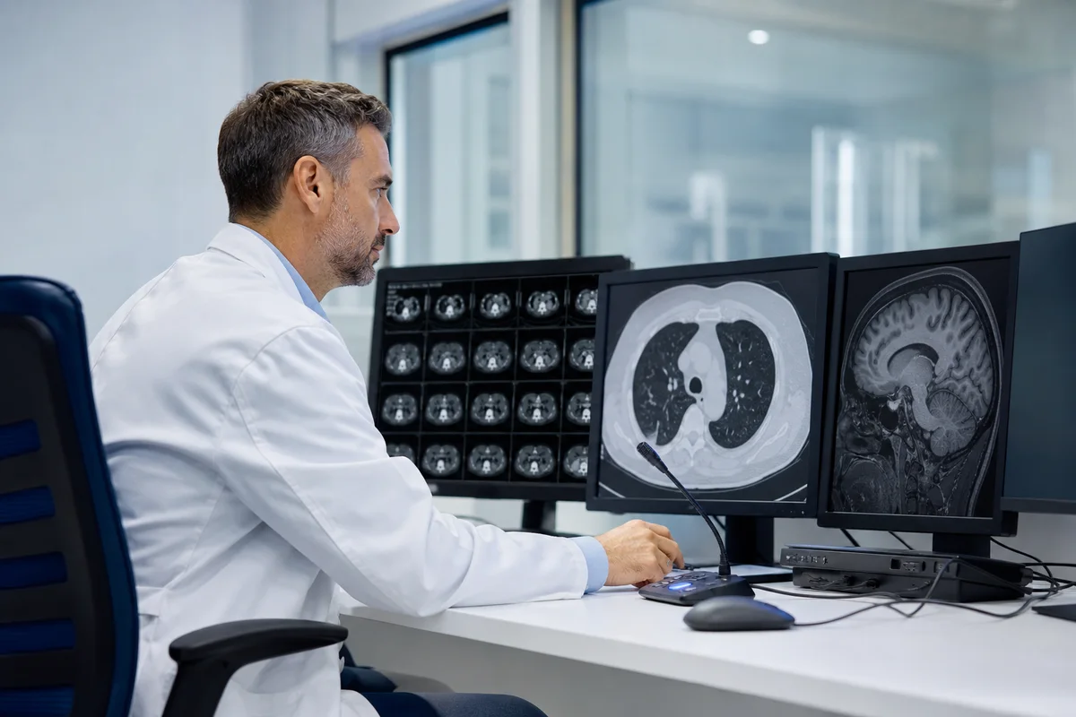 Medic radiolog lucrând la o stație de diagnostic și utilizând un microfon pentru dictare